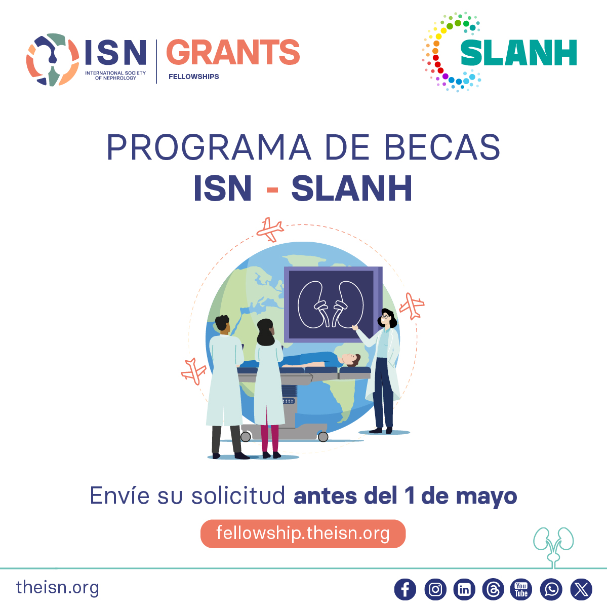 The ISN and @SLANH_ present a joint Fellowship program in renowned nephrology centers in Latin America where you can gain experience and build capacity in specialized topics of kidney care. Submit your application by May 1 ➡️ ow.ly/ijIT50QKQbw • The program is open to