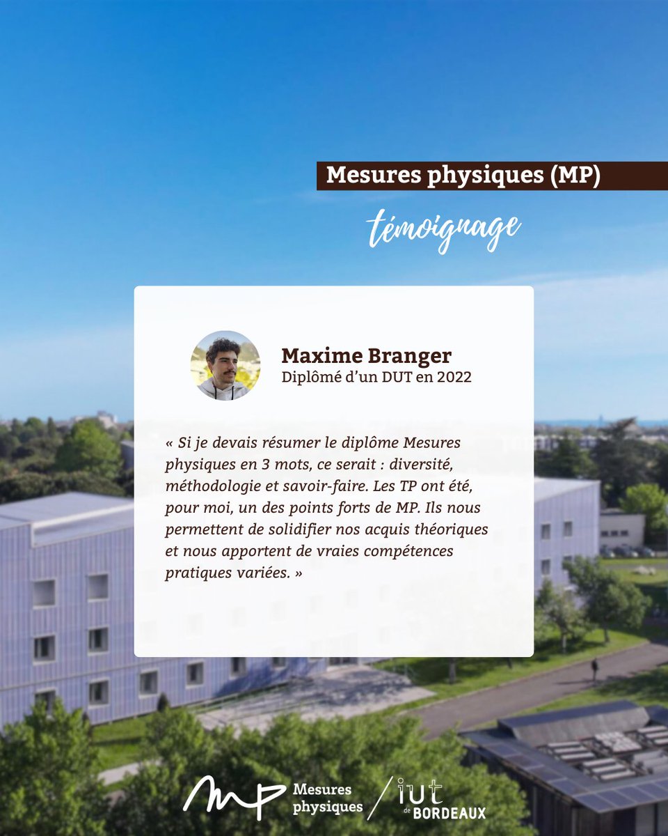 💬 𝗧𝗲́𝗺𝗼𝗶𝗴𝗻𝗮𝗴𝗲 | 𝗕𝗨𝗧 𝗠𝗣
📣 Découvrez le témoignage de Maxime Branger, ancien étudiant du département Mesures physiques (MP) de l’IUT de Bordeaux - site de Gradignan.

#témoignage #BUT #MP #mesures #physiques #contrôles #analyses #instrumentation #osezliut