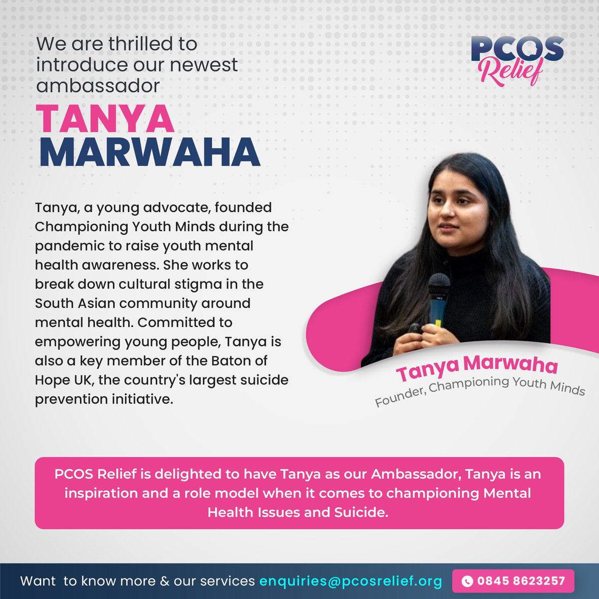 🌟 Exciting Announcement! 🌟

We are thrilled to introduce our newest ambassador, @tanyamarwaha_✨

PCOS Relief is delighted to have Tanya as our Ambassador, Tanya is an inspiration and a role model when it comes to championing Mental Health Issues and Suicide.
#pcos #pcosdiet