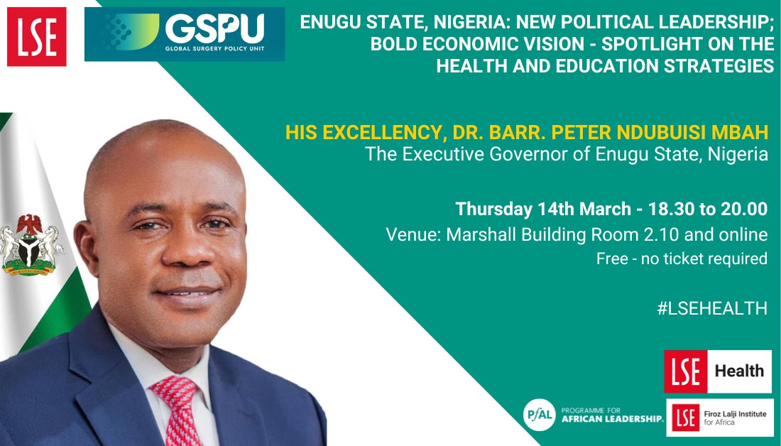 Upcoming Seminar 14 March 2024 Introducing His Excellency @PNMbah 'Enugu State, Nigeria: New political leadership; bold economic vision - the health and education strategies' 💻Online & In-Person . All info at bit.ly/49sK1C9