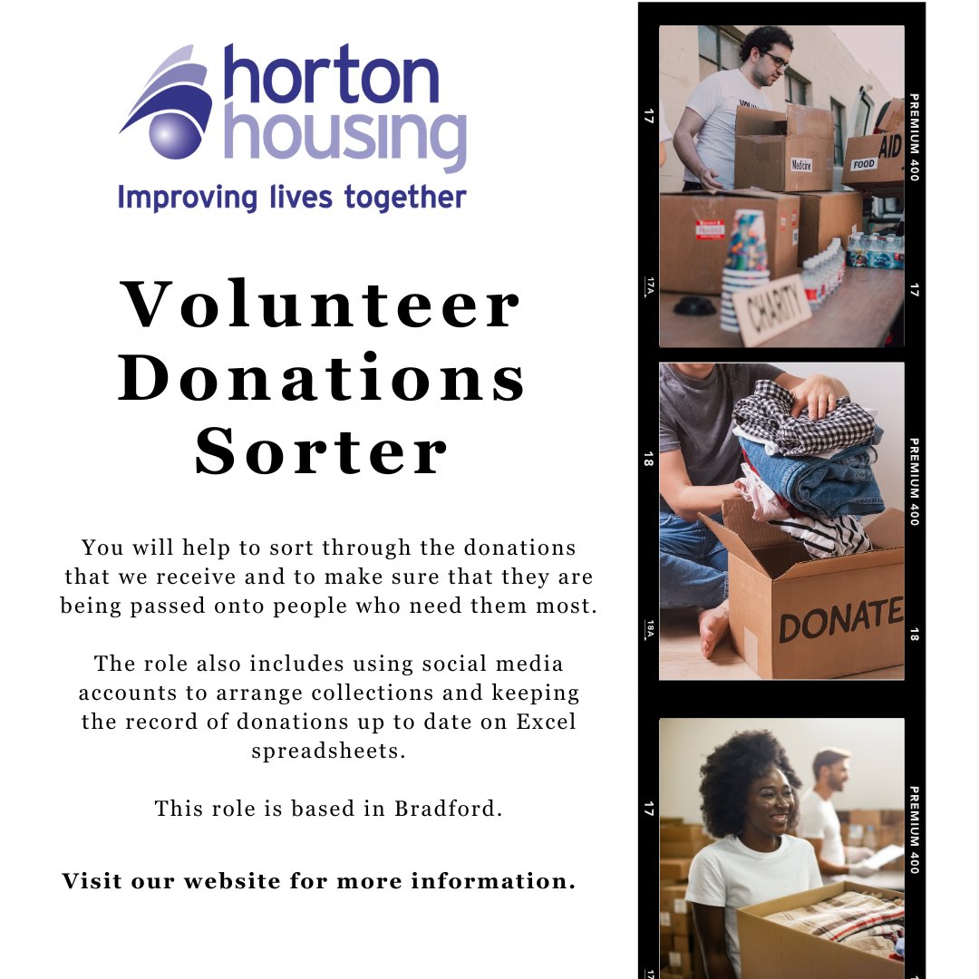 New #volunteering opportunity! #Volunteer Donations Sorter You will help sort through the donations we receive and arrange collections. This role is based in #Bradford. For more information and to apply, visit the link below. hortonhousing.co.uk/volunteer/