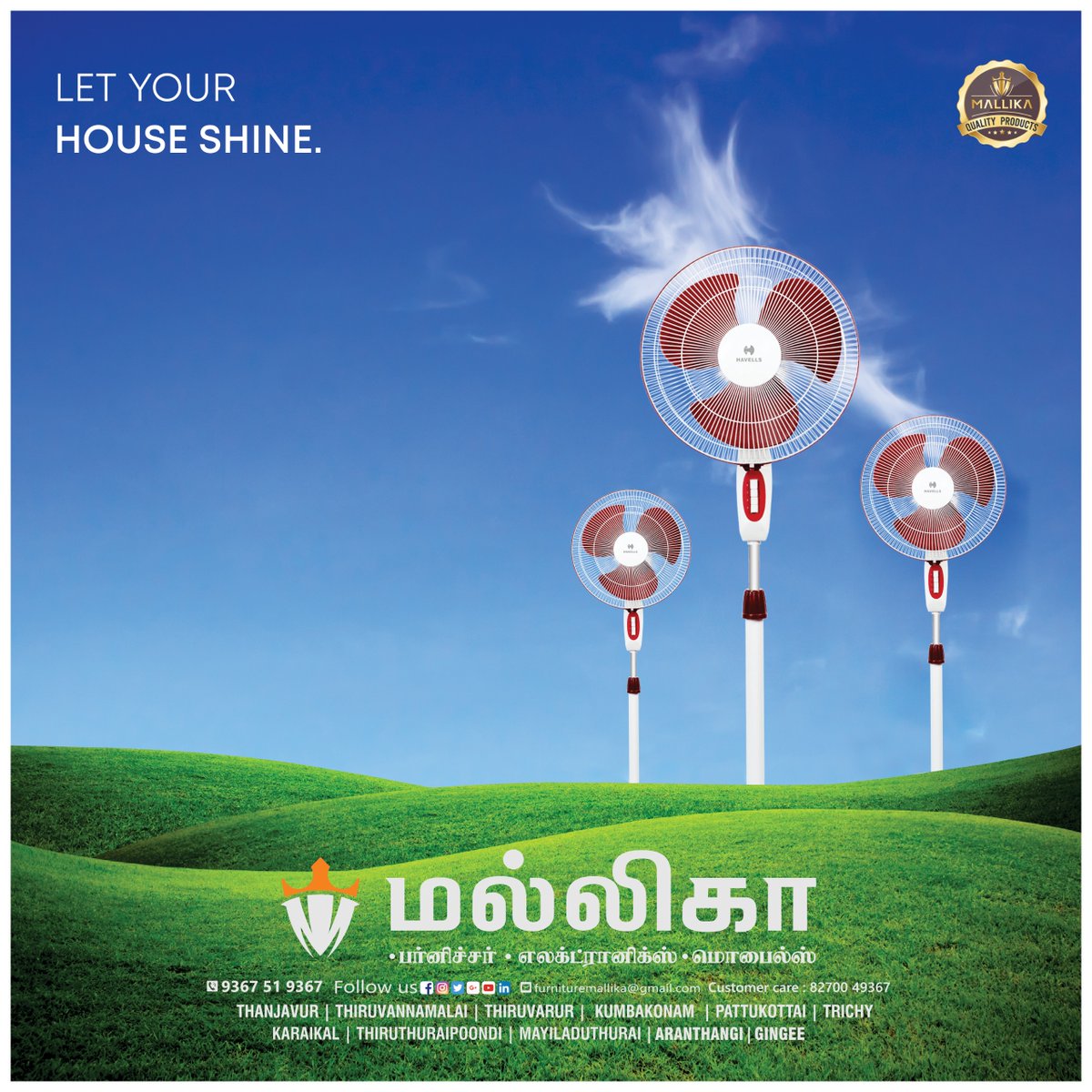 MallikaFurnitu1's tweet image. Let Your House Shine...
#Tablefans 
மனம் சொல்லுமே மல்லிகா
மல்லிகா பர்னிச்சர், எலக்ட்ரானிக்ஸ் &amp;amp; மொபைல்ஸ்..
82700 49367
 9367 51 9367
தஞ்சாவூர், திருவண்ணாமலை, திருவாரூர், கும்பகோணம், பட்டுக்கோட்டை, திருச்சி, காரைக்கால், திருத்துறைப்பூண்டி, மயிலாடுதுறை, அறந்தாங்கி, செஞ்சி
#Mallika