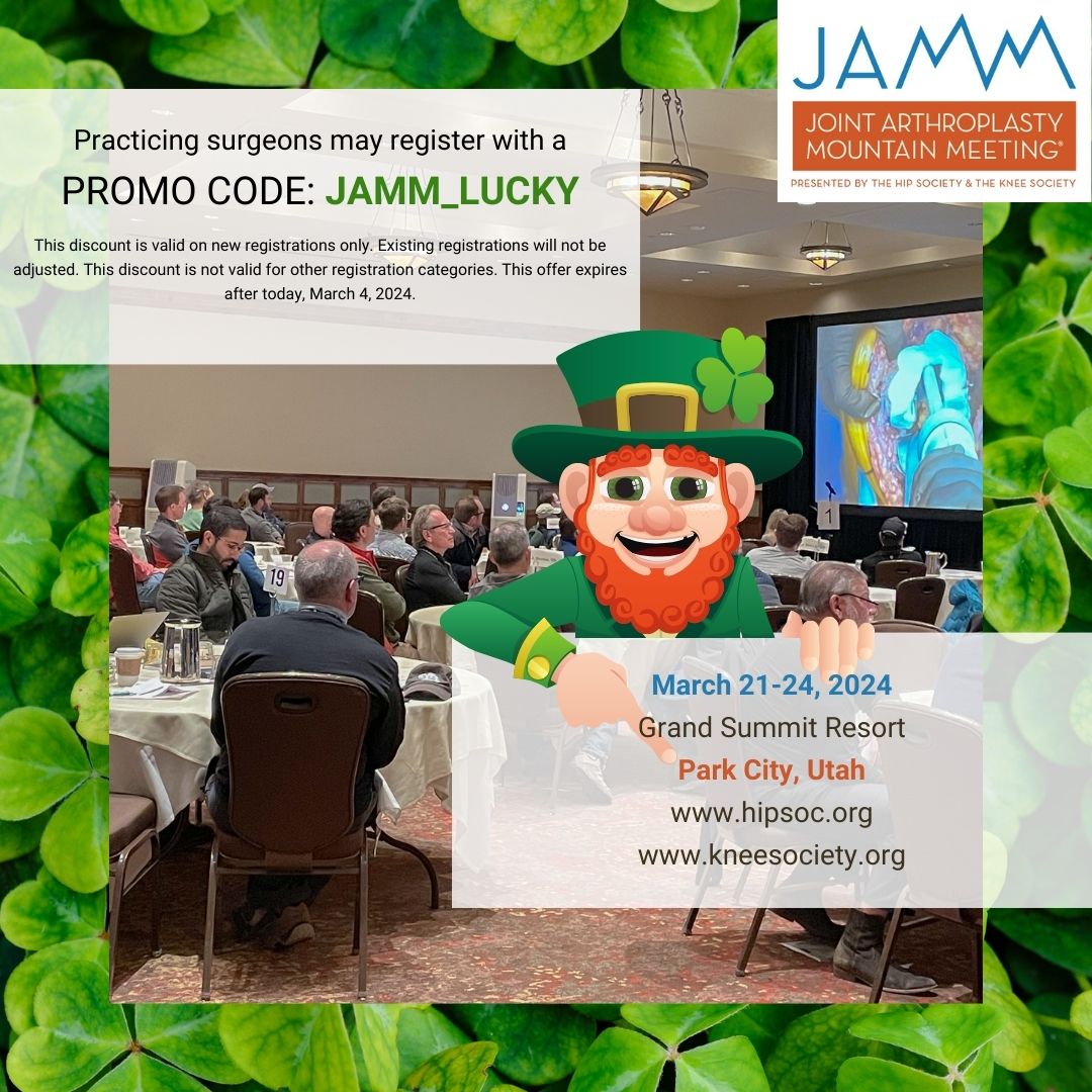 You should be feeling JAMM_LUCKY today! Register using this special promo code and receive 25% off regular registration rate (practicing surgeons only). Valid only on March 4. LINK IN BIO or go here: hipsoc.org/jamm-