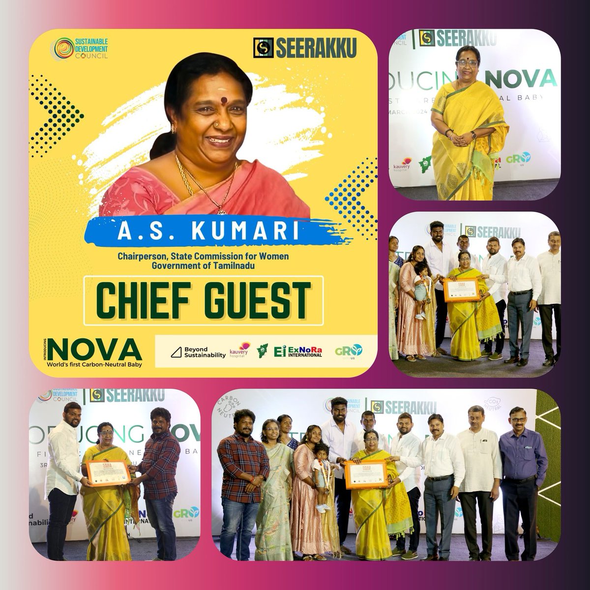 NaduFor's tweet photo. Tamilnadu State Commission For Women ChairPerson Mrs,A.S.KUMARI Invited and Participated as Chief Guest for the prestigious ceremony to issue the Asia Book of Records Certificate to the First Carbon Neutral Baby of the World "NOVA". https://t.co/kmKZWFUwLn