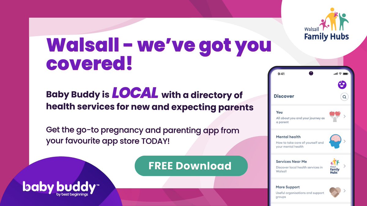 Download the award-winning, FREE #BabyBuddyApp on the App Store or Google Play – now with an extra feature just for #parents in #Walsall!
Baby Buddy is made to support #mums, #dads & #caregivers with tips on #breastfeeding, help with #mentalhealth & practical #parentingadvice.