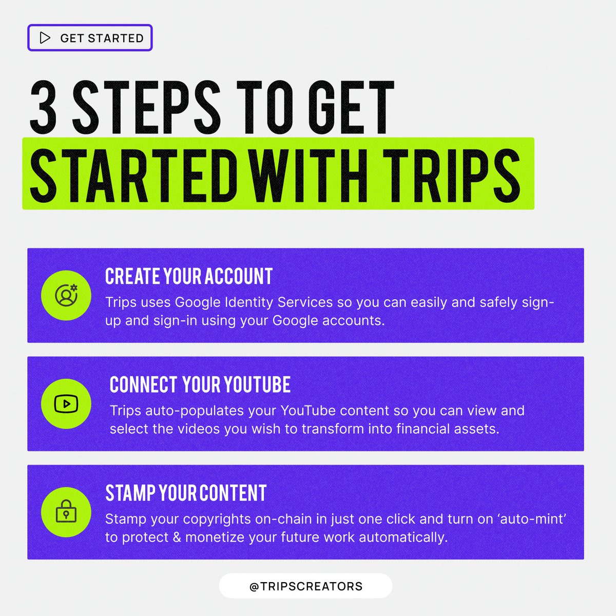 Trips is so easy to use. In just 3 steps your content is safely stamped and filed on the #blockchain and you're on your way to accessing liquidity opportunities from our pre-approved capital providers. What are you waiting for? Check it out! #TripsCreators