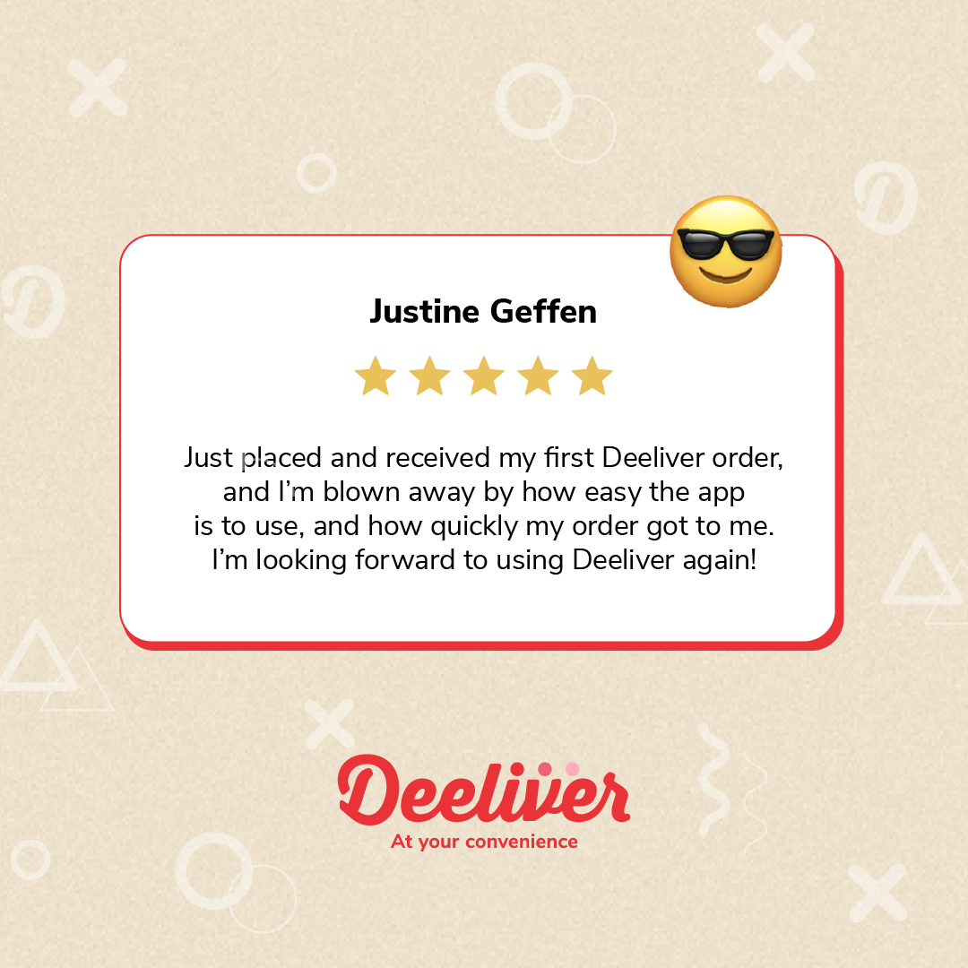 Only five-star service for the best customers in the world!

Shop our wide selection of booze and convenience goods at deeliver.co.za 🛒

Same-day delivery available! ⚡️🚗

#Deeliver #AtYourConvenience #PremiumLiquorDeliveryCapeTown