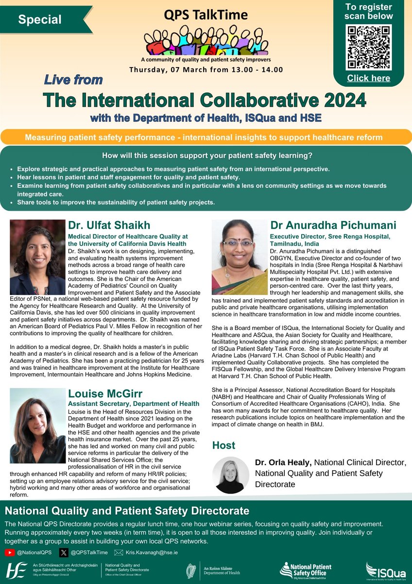 We're delighted to share the speakers for Thursday's Special @QPSTalkTime. Join for a wide ranging, relevant session if you're interested in measuring patient safety performance and international insights to support healthcare reform. Register here bit.ly/QPST24