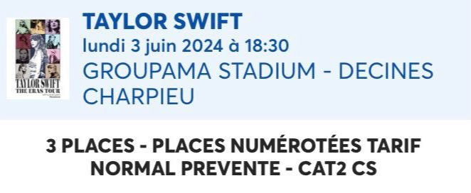 Salut! Je vends 3 billets dans les tribunes pour Taylor Swift à LYON le 3 juin. Ils ne sont pas vendus séparément !!!  #TaylorSwift   #TSTheErasTour #Erastour #TaylorSwiftErasTour #theerastourfrance #LyonTS