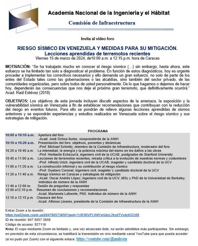 anihven's tweet photo. Invitación video Foro RIESGO SÍSMICO EN VENEZUELA Y MEDIDAS PARA SU MITIGACIÓN. Lecciones aprendidas de terremotos recientes 

Entrar Zoom a la reunión:
https://t.co/eFho4PqWq2
ID de reunión: 847 6057 3659
 Código de acceso: 927116 https://t.co/TIXVXqKBRn