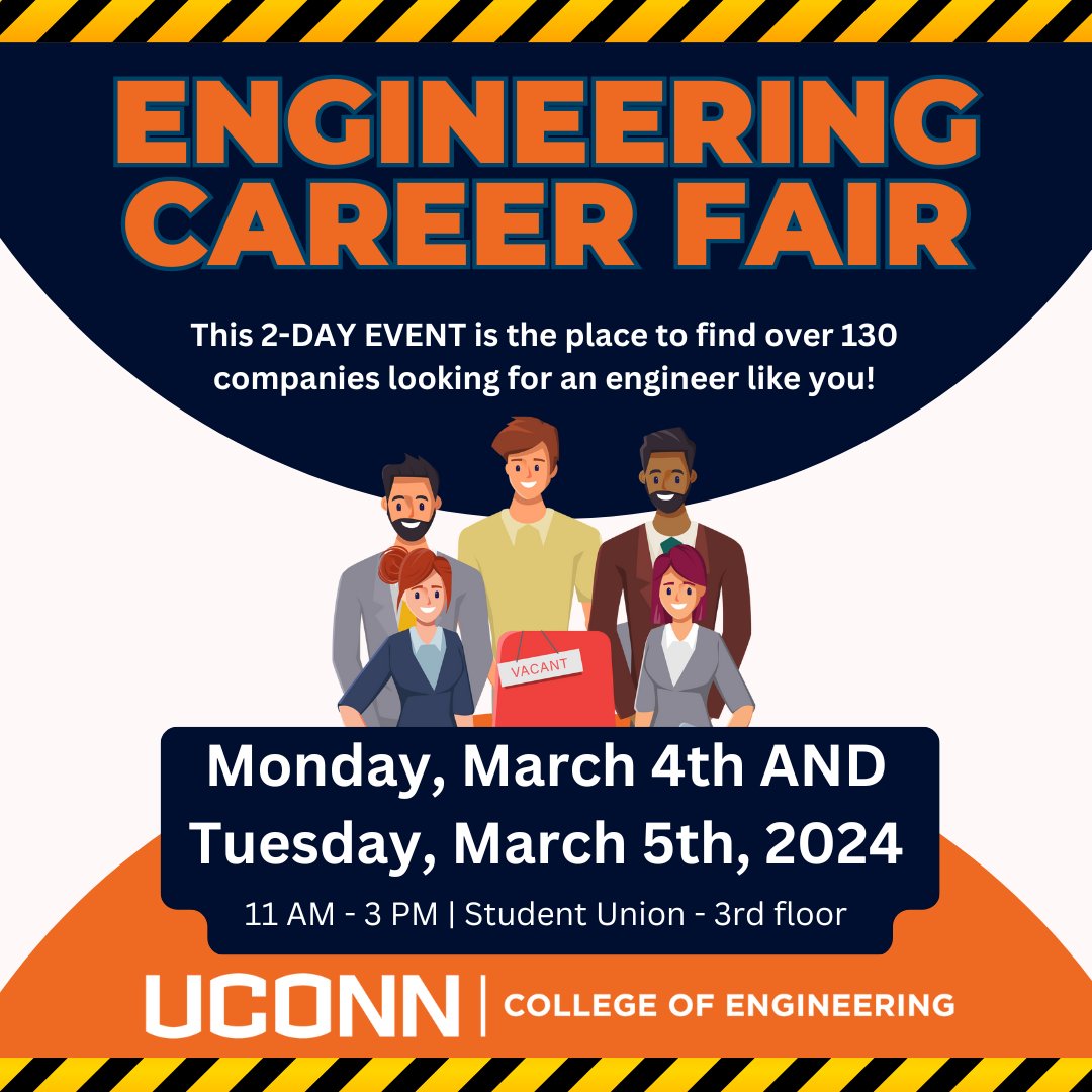 Stop by the Engineering Career Fair tomorrow March 4th and March 5th between 11:00-3:00pm on the third floor of the Student Union! Please wear professional attire to this event. #uconn #uconnengineering