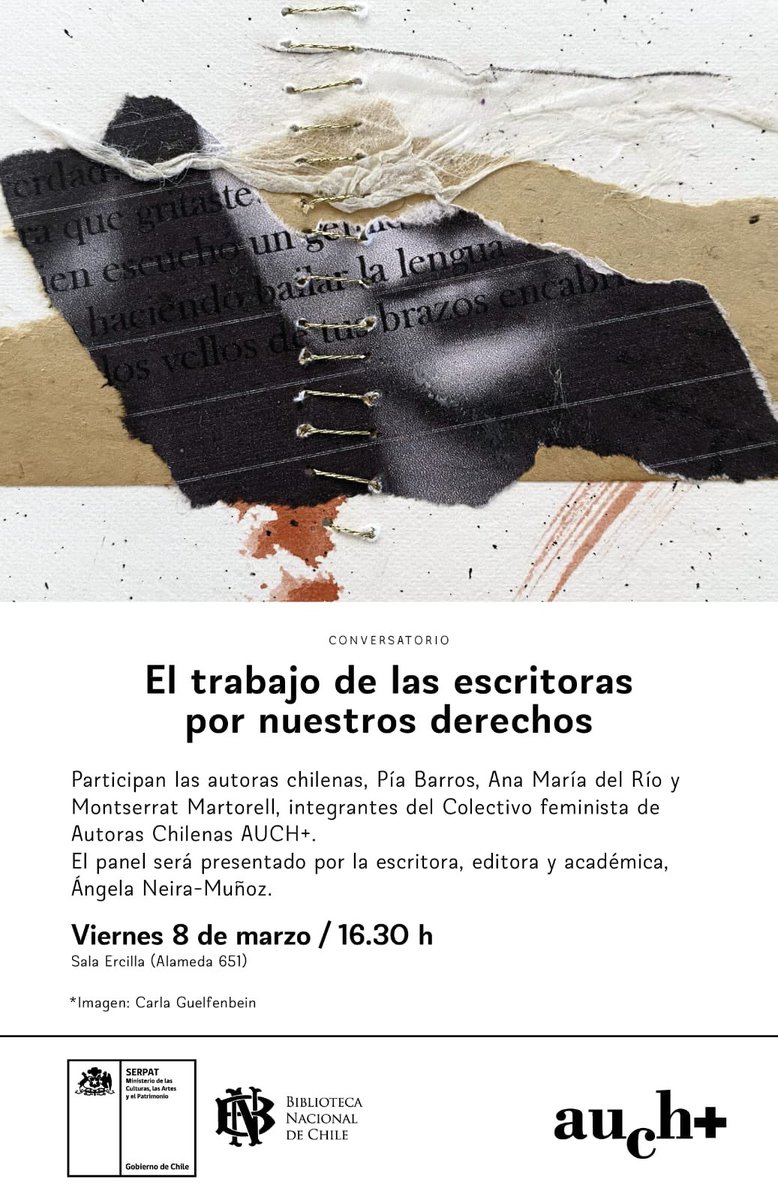 “El trabajo de las escritoras por nuestros derechos”, es el nombre de la conversación que tendremos este viernes 8M a las 16.30 en la <a href="/BNChile/">Biblioteca Nacional</a>. 
Con: @piabarrosbravo <a href="/Ana_MariadelRio/">Ana María del Lumpen</a> <a href="/montsemartorell/">Montserrat Martorell</a>  y
<a href="/AngelaNeiraMuo1/">Angela Neira-Muñoz</a> Les esperamos! ⚡️⚡️⚡️💚