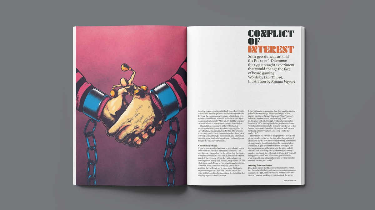 Issue 14 is out now! <a href="/DanThurot/">Dan Thurot</a> dives into The Prisoner’s Dilemma: the 1950 thought experiment which inspired so many board games. Featuring Bruno Faidutti and Peter Olotka. Illustration by @renaudvigourt. Go to senetmagazine.com to order your copy. #boardgamesarebeautiful