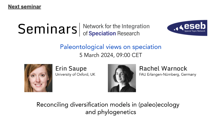 Hi Everyone! Please join us tomorrow (March 5th) at 9 am CET for the next IOS seminar. @ErinSaupe and Rachel Warnock will tell us about diversification models in paleoecology and phylogenomics. Zoom link on website: speciation-network.pages.ist.ac.at/seminar-series/