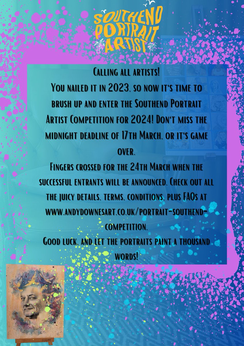 CALLING ALL LOCAL ARTISTS 📣
Southend Portrait Artist is back bigger &amp; better! Organisers are looking for Southend's best portrait artist for 2024! 
📌Heats will take place at Twenty One
📅 Deadline for submissions midnight 17 March
🏆 £500 cash prize
👉  ow.ly/lVv250QzffQ
