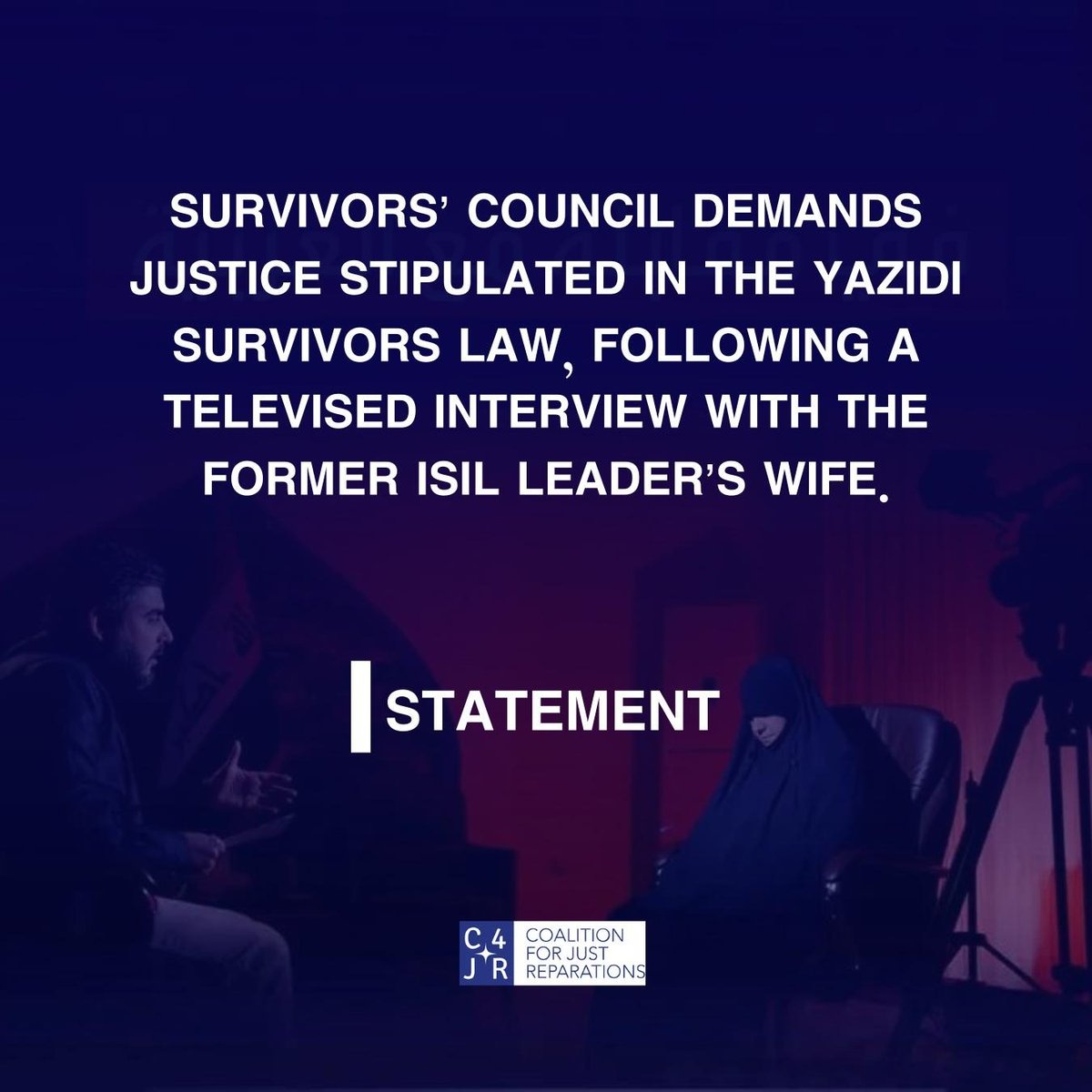 Members of C4JR's Survivors’ Council demand that all who contributed to heinous crimes during the ISIL occupation of #Iraq be prosecuted & held accountable. This includes Asma Muhammad, the wife of Abu Bakr Al-Baghdadi, who appeared in a television interview on February 15, 2024.