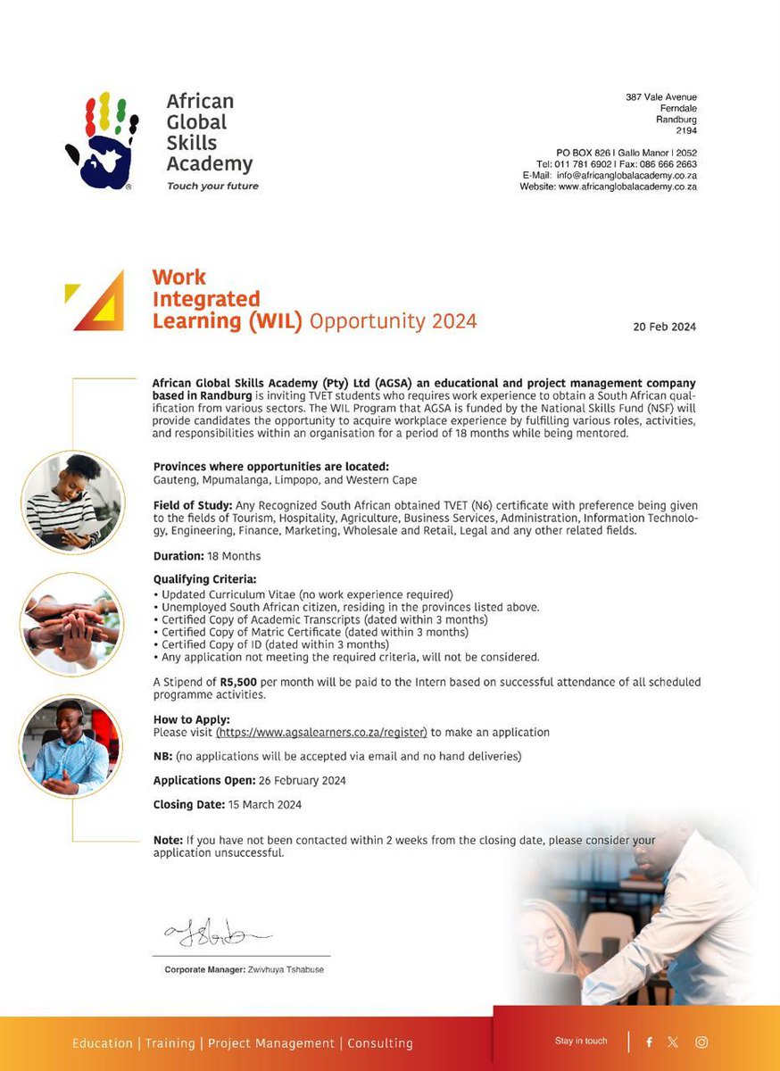 Dear EWC graduates here is Work Integrated Learning opportunity, to apply visit the website provided in the poster. Please also use the contact details provided on poster for enquiries.