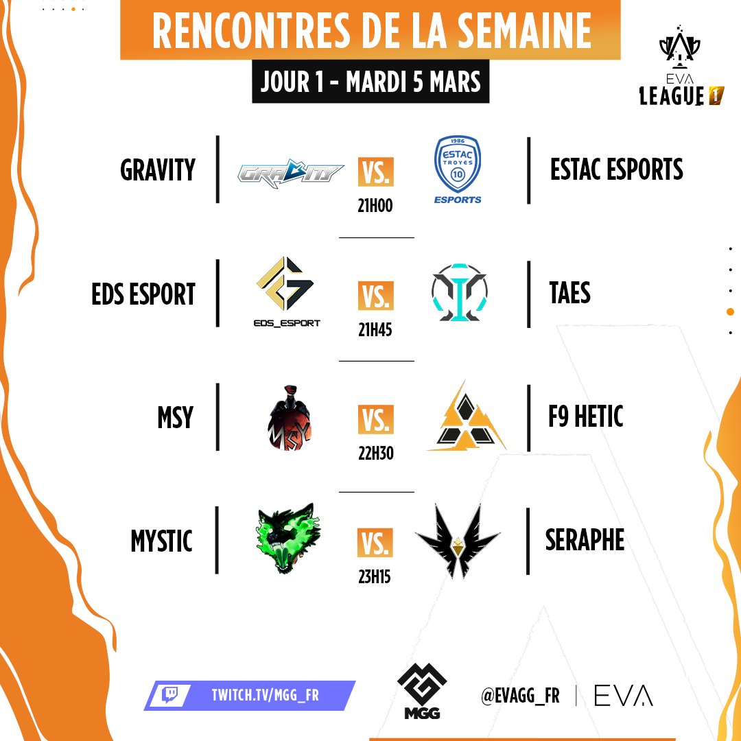Nous y sommes, voici les premiers matchs de cette saison 2024 de l'EVA League 1 🔥

➡️ Rendez-vous demain soir (05/03) à 20h30
🔗 twitch.tv/mgg_fr