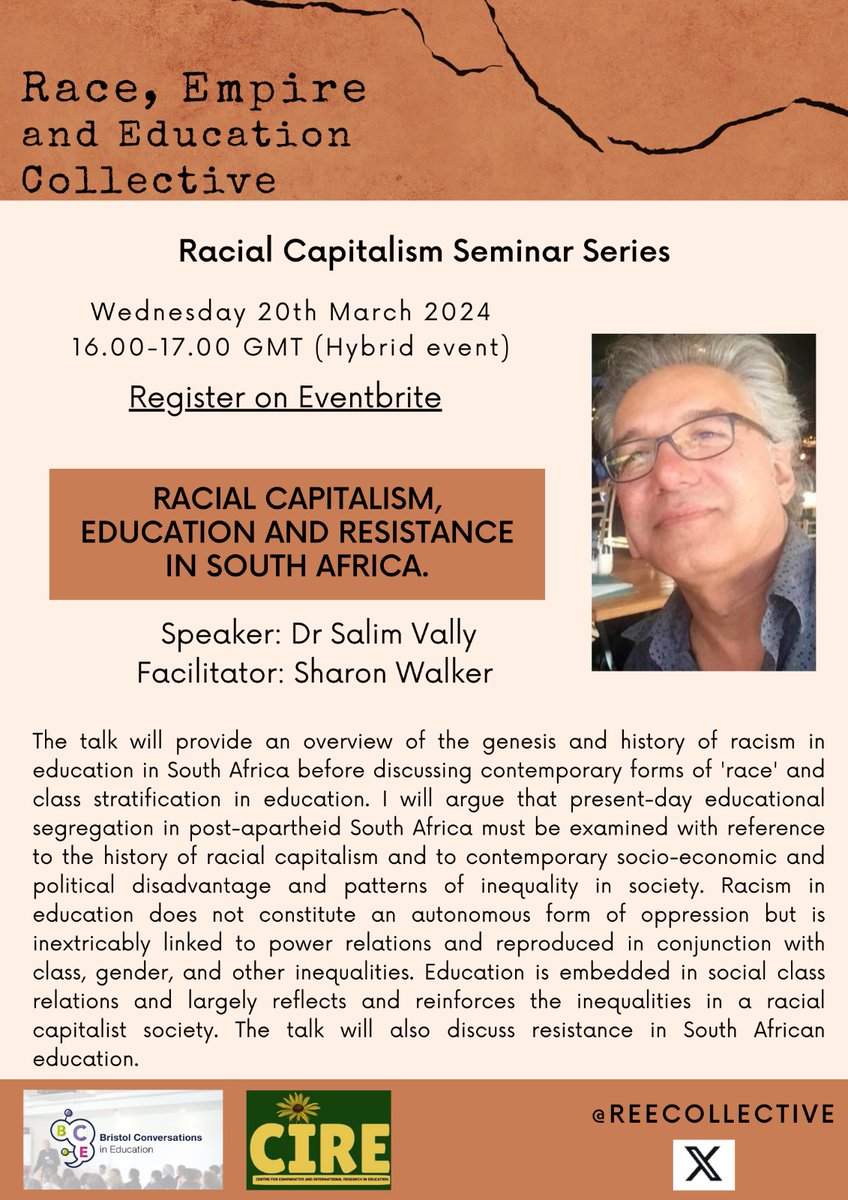 Put it in your diaries: Racial capitalism, education, and resistance in South Africa with Dr Salim Vally!! 

Wednesday 20th March 2024, 4-5 GMT

For Zoom link and readings, contact us via reecollective.co.uk