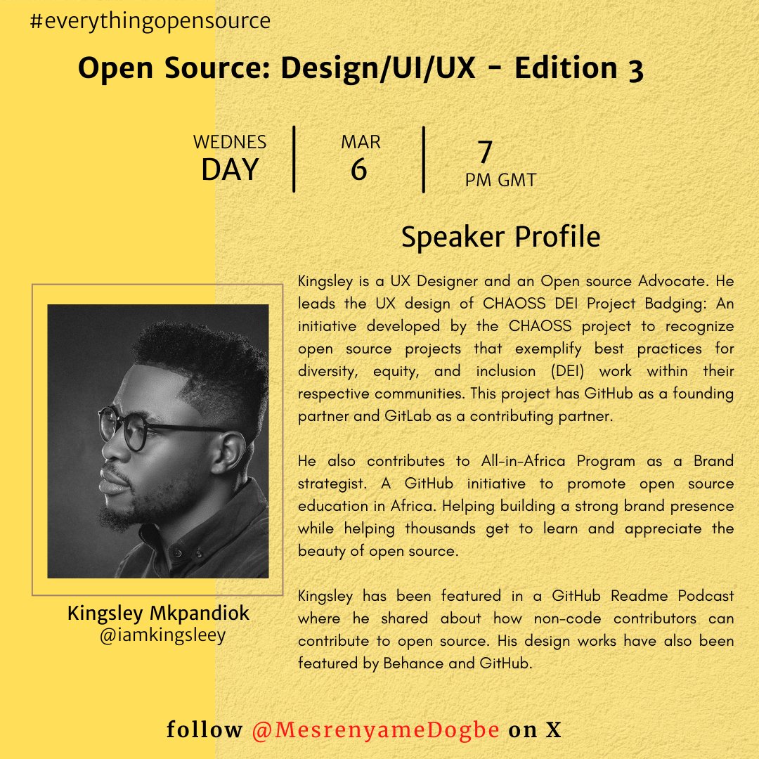 We're hosting another X Space on Open Source, focusing on Design/UI/UX and @iamkingsleey will be joining us as a speaker. He is a UX Designer and an open source advocate contributing to @chaoss_africa. Set a reminder here: twitter.com/i/spaces/1BRJj… #everythingopensource