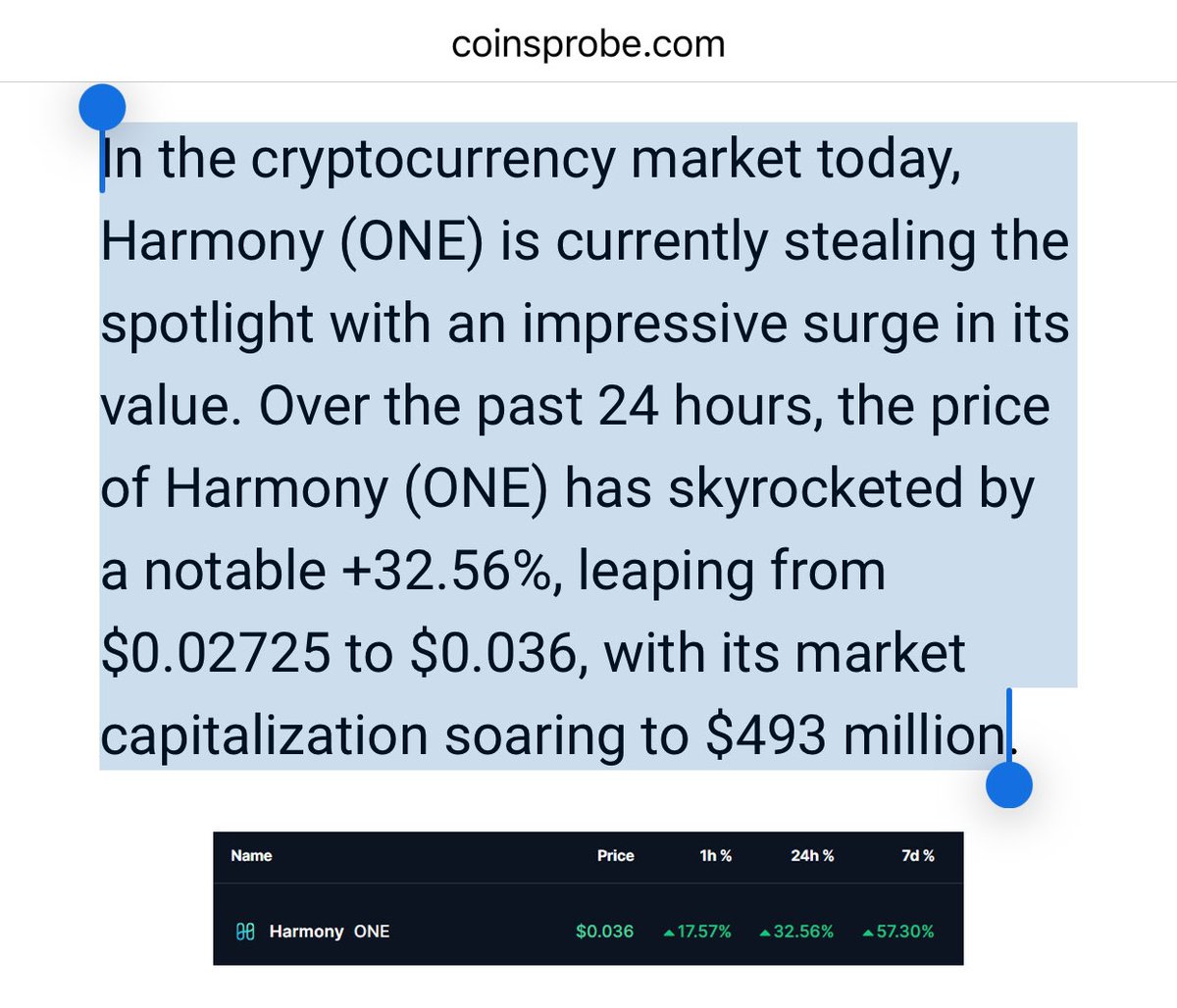 🚨 BREAKING 🚨 In the cryptocurrency market today, <a href="/harmonyprotocol/">Harmony 💙</a> is currently stealing the spotlight ✨ with an impressive surge in its value. 

“Over the past 24 hours, the price of Harmony $ONE has skyrocketed by a notable +32.56%, leaping from $0.02725 to $0.036, with its