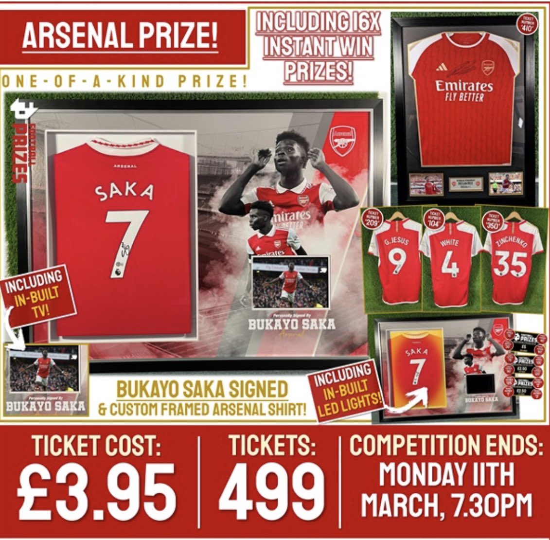 Last chance today to get your chance to win Saka signed framed shirt Good luck footballprizes.co.uk/product/saka-s…