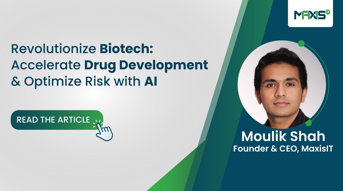 MaxisAIInc's tweet image. Unlock the power of predictive analytics in biotech! Discover insights from #MaxisIT CEO, Moulik Shah on how AI-driven #clinicaltechnology is revolutionizing drug development for small- to mid-sized companies. Dive into the future of biotech.

Read here: maxisit.com/article-downlo…