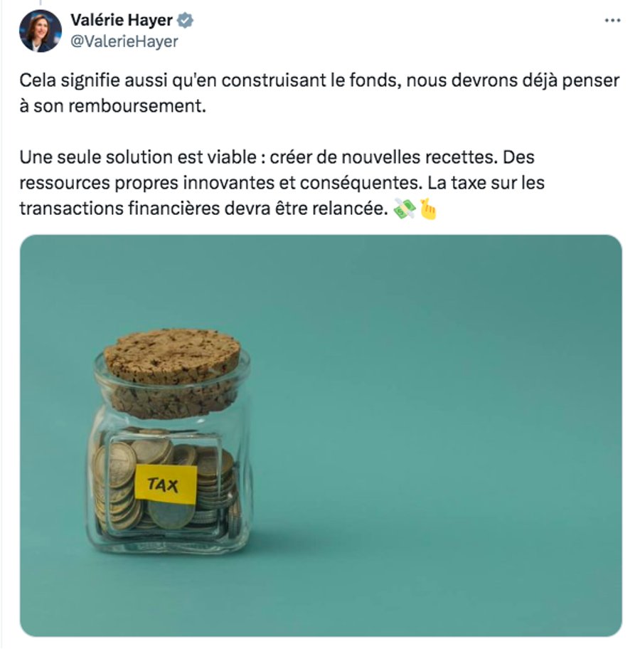 Valérie Hayer prétend être pour la justice fiscale. Alors qu'elle se disait pour l'adoption d'une taxe sur les transactions financières... Emmanuel Macron l'a désavouée, en se prononçant CONTRE. (4/10)