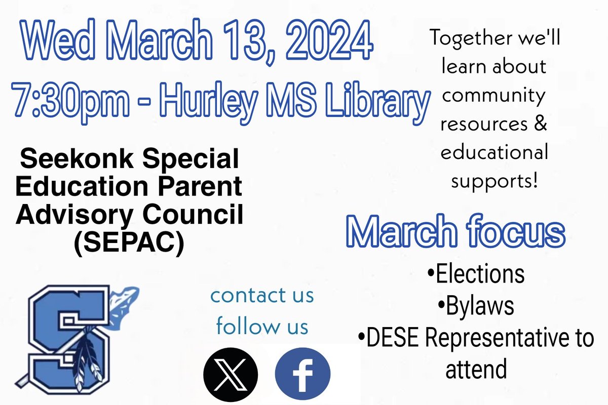 📢 Wed 3/13 7:30pm Hurley MS Library

🖊 Please join us for an important meeting to discuss changes to our Bylaws &amp; to elect new officers, discuss the new Massachusetts IEP forms, and hear from a DESE representative about DESE’s tiered-focus monitoring process.