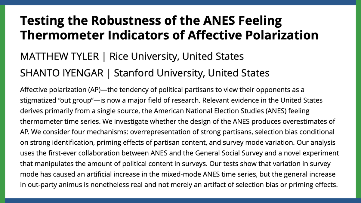 American Political Science Review (@apsrjournal) on Twitter photo In this #APSRFirstView, <a href="/_mdtyler/">Matthew Tyler</a> & Shanto Iyengar test the robustness of the ANES feeling thermometer indicators of affective polarization.
ow.ly/JFTJ50QK99k In this #APSRFirstView, <a href="/_mdtyler/">Matthew Tyler</a> & Shanto Iyengar test the robustness of the ANES feeling thermometer indicators of affective polarization.
ow.ly/JFTJ50QK99k