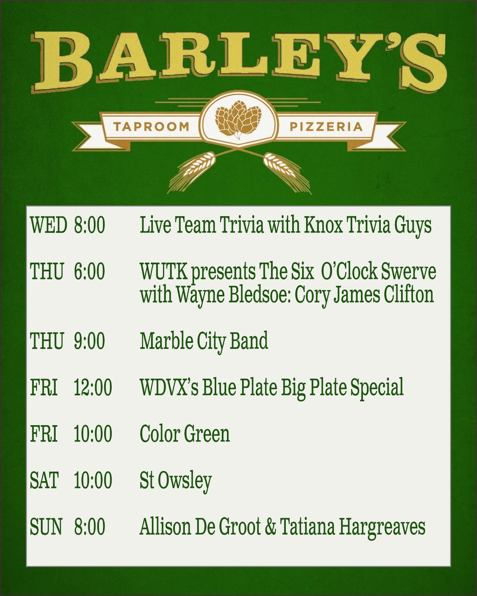 Happy Monday morning, #Knoxville!! We had a great weekend with you in #DowntownKnoxville!! We've got some awesome live music lined up for you this week, it's gonna be hard to choose a favorite--you'd better swing by for all of them! #BarleysKnoxville #KnoxvilleMusic