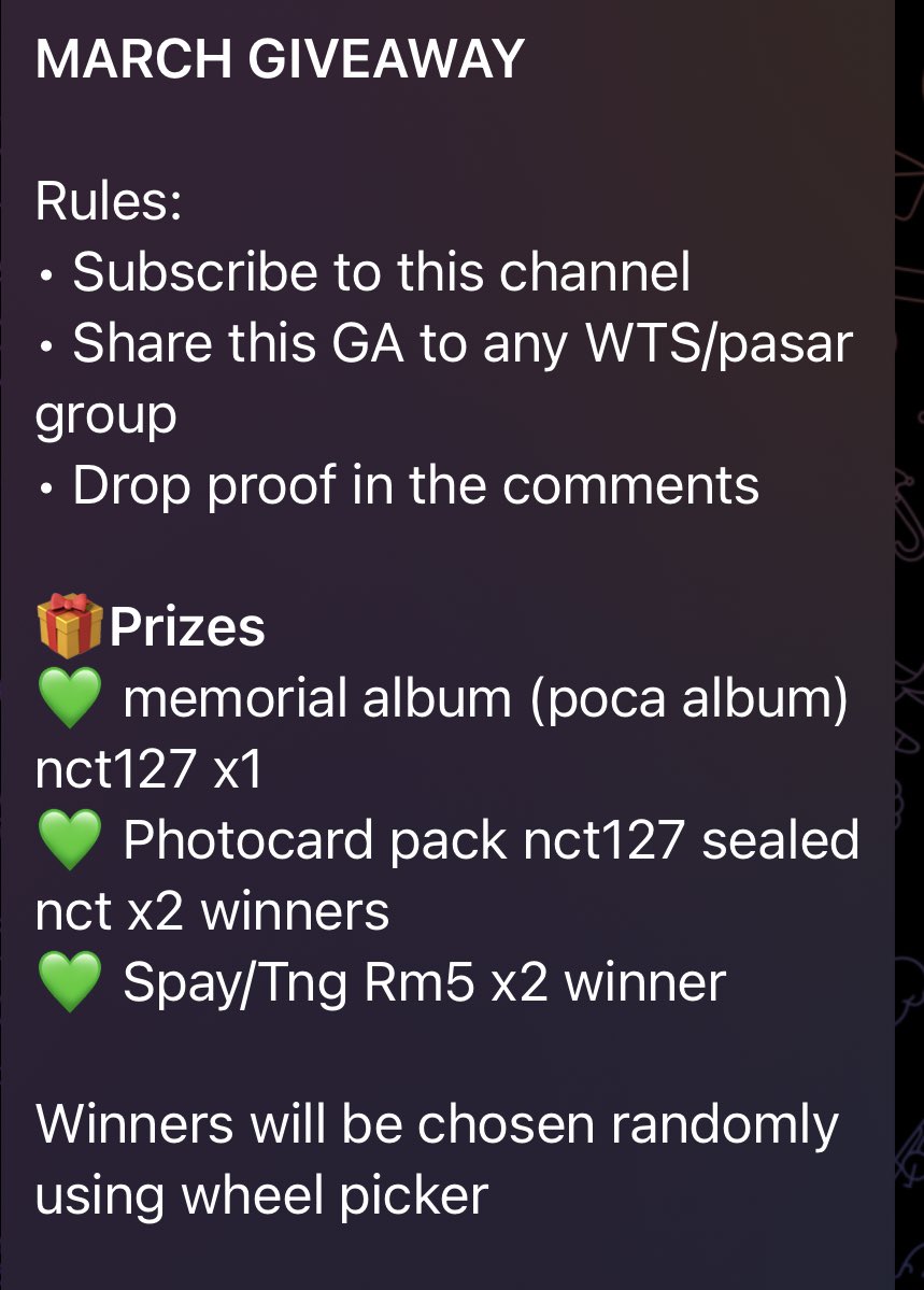 hello, since 🐥 will be focus on offline purchase in korea 🇰🇷 i did open a tele channel for olive young sale,nct,zb1 focus stuffs (open for request also). Feel free to enter as there is giveaway for nct127 unity exhibition md. #pasarnct 

Link : t.me/bingcart
