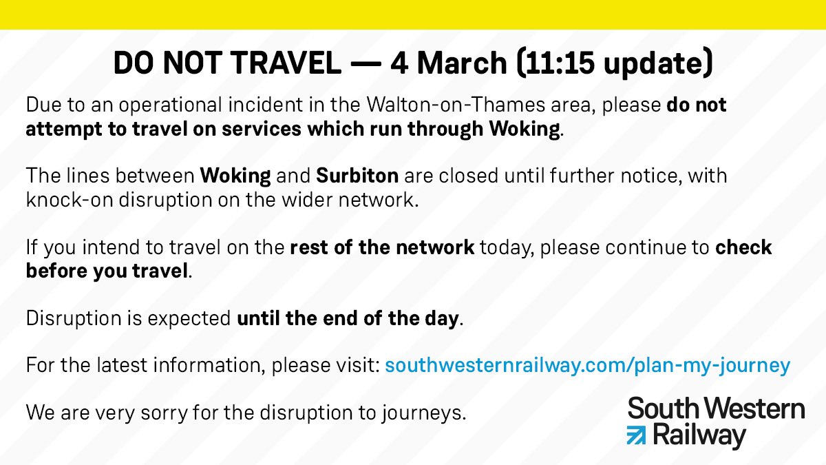 For all those travelling to the #TASshowcase from the south, avoid Woking/Waterloo today. Many trains cancelled. Route to London is via Paddington on cross country trains. @tas_hub