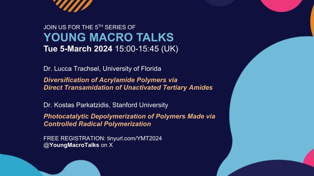 Join us tomorrow as we kick off our 5th series with two exciting talks! Our first week highlights recent advances in vinyl polymer synthesis and depolymerisation. Tune in and bring your burning questions to the Q&A 🤓