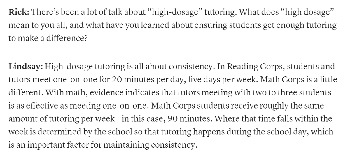AEIeducation's tweet photo. In the latest #RHSU at @EdWeekOpinion, @rickhess99 discusses tutoring with Lindsay Dolce of @ampact_us.

"High-dosage tutoring is all about consistency," she says.⬇️ https://t.co/kezrZvHOR8