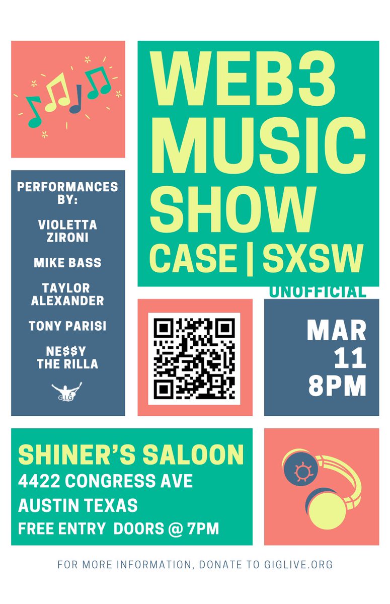 🎼Day 8 of posting a different flyer for @giglivemusic’s Web3 Music showcase every day until the event! 3/11/24 - ATX | doors @ 7pm Shiners Saloon 422 Congress Ave (3 blocks from convention center) Performances by: @ZironiVioletta @NessyTheRilla @mikebassmusic @auradeluxe…