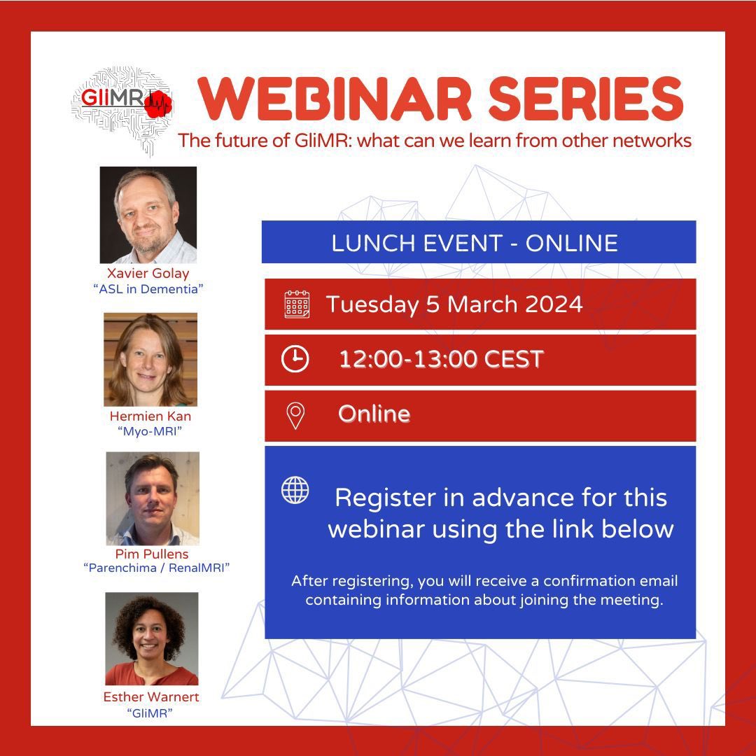 GliMR (@glimr_esmrmb) on Twitter photo March’s Webinar is just around the corner!
Please join us on the 5th of March to hear Xavier Golay, Hermien Kan, Pim Pullens and Esther Warnert share their experiences. 
📅Make sure to register using this link: forms.gle/J4GS9SouJN36S5… March’s Webinar is just around the corner!
Please join us on the 5th of March to hear Xavier Golay, Hermien Kan, Pim Pullens and Esther Warnert share their experiences. 
📅Make sure to register using this link: forms.gle/J4GS9SouJN36S5…