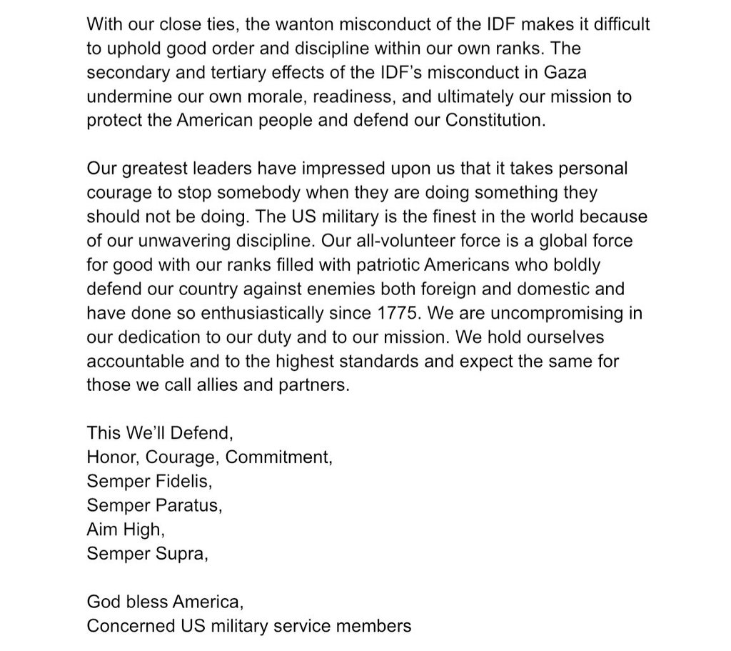AMAZING! A group of active duty service officers across many U.S. Armed Forces branches have released an open letter condemning Israel’s genocide in Gaza. 'Support for the conduct of the IDF is unacceptable and inconsistent with our values in the US Armed Forces.'