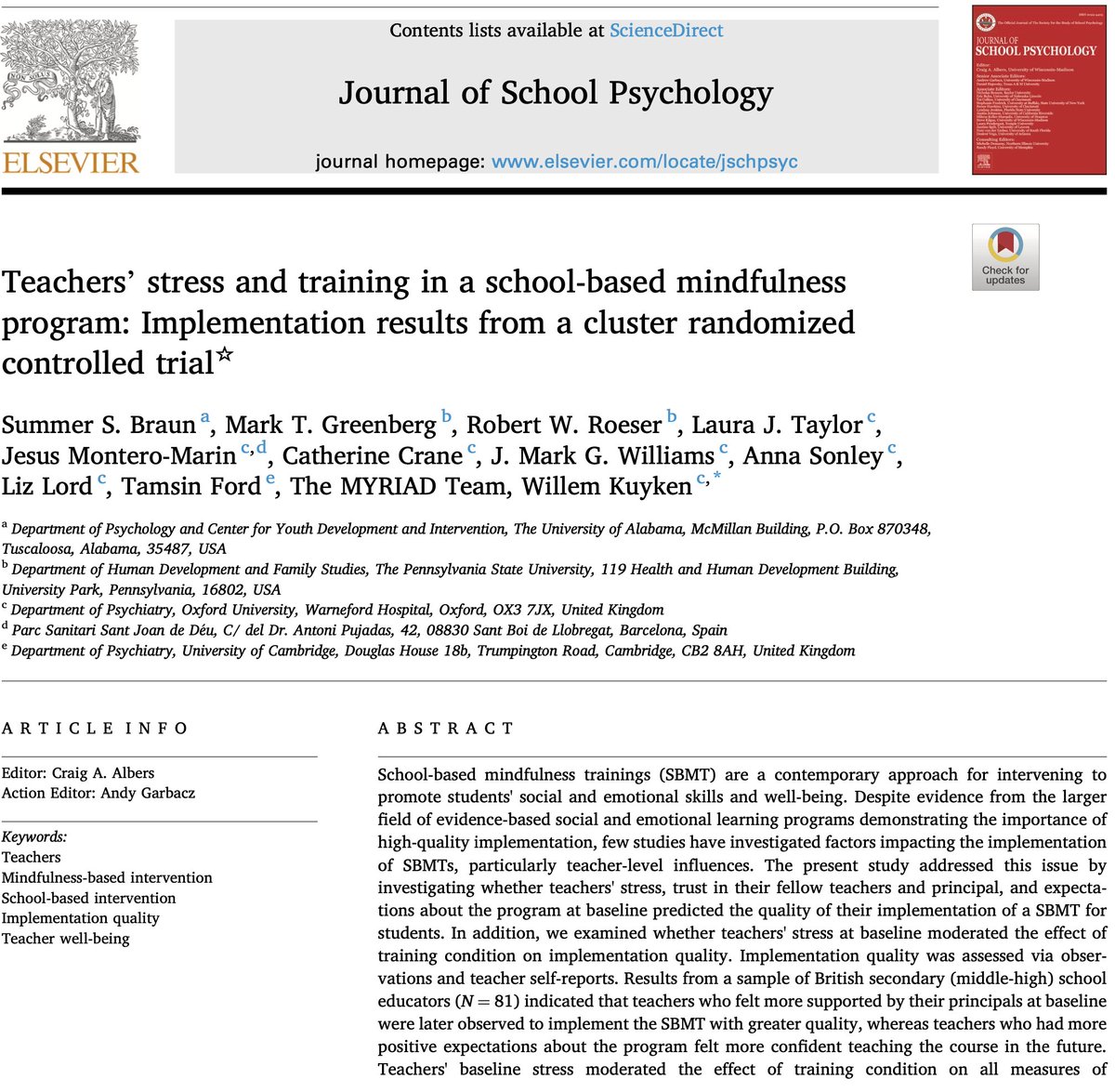 New paper. Training school teachers to teach mindfulness. This research from 81 UK secondary school teachers in the #myriadproject suggests the importance of a supportive Head/Principal, and baseline levels of #wellbeing among teachers. sciencedirect.com/science/articl…