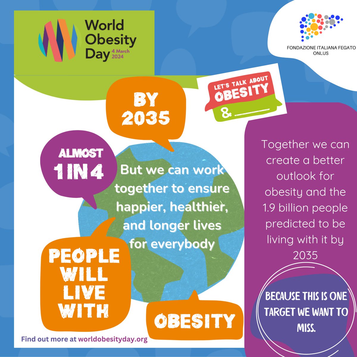 Together we can create a better outlook for obesity and the 1.9 billion people predicted to be living with it by 2035. Because this is one target we want to miss.#WorldObesityDay #ObesityAwareness