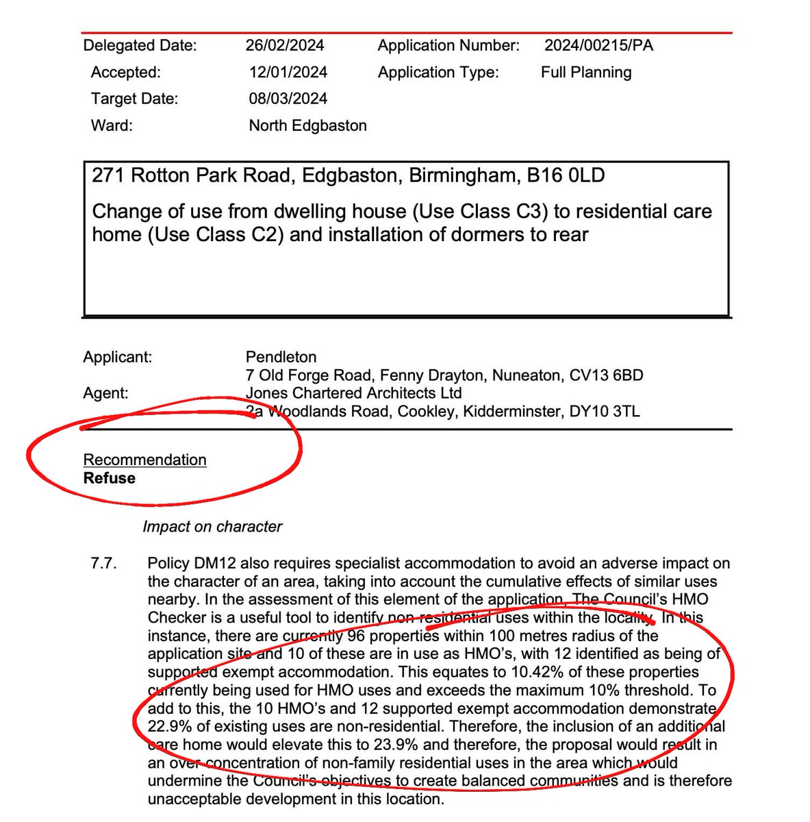 💬 Application for change of use from family home to so-called 'supported living' property on Rotton Park Road *refused* after our opposition. Thanks to residents who worked with us on this one.