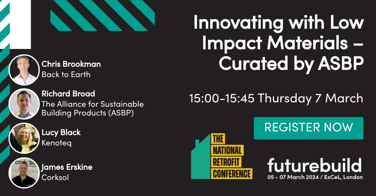 🌱 It's @FuturebuildNow week and we're excited! Don't miss Chris' talk, along with the @asbp_uk team. Join us on Thursday at 15:00 for insights on innovating with low-impact materials. See you there! 💡 #SustainableDevelopment #Futurebuild2024