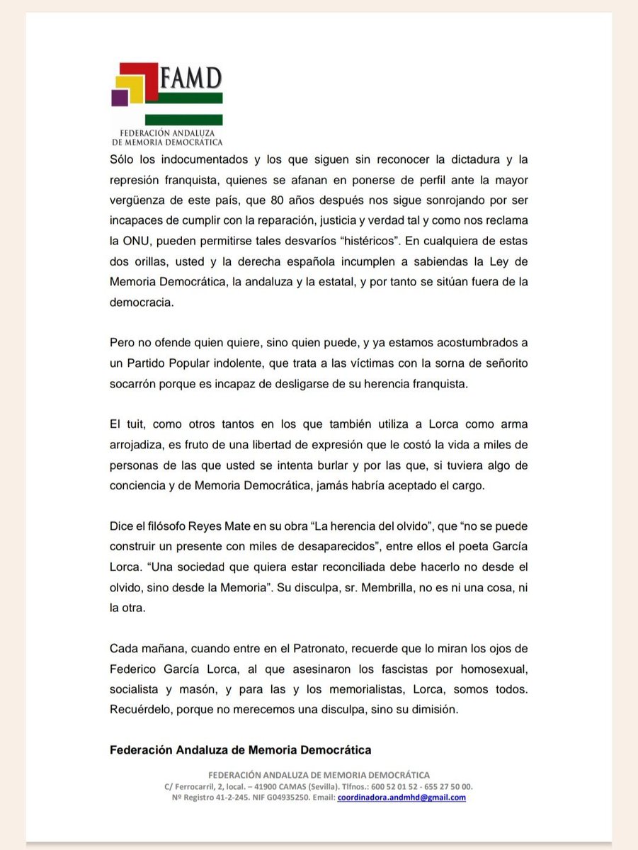 ¡Ya está bien!

Yo también pido la dimisión de Antonio Membrilla.

La dignidad de Lorca, su legado y de miles de Granada lo merecen.