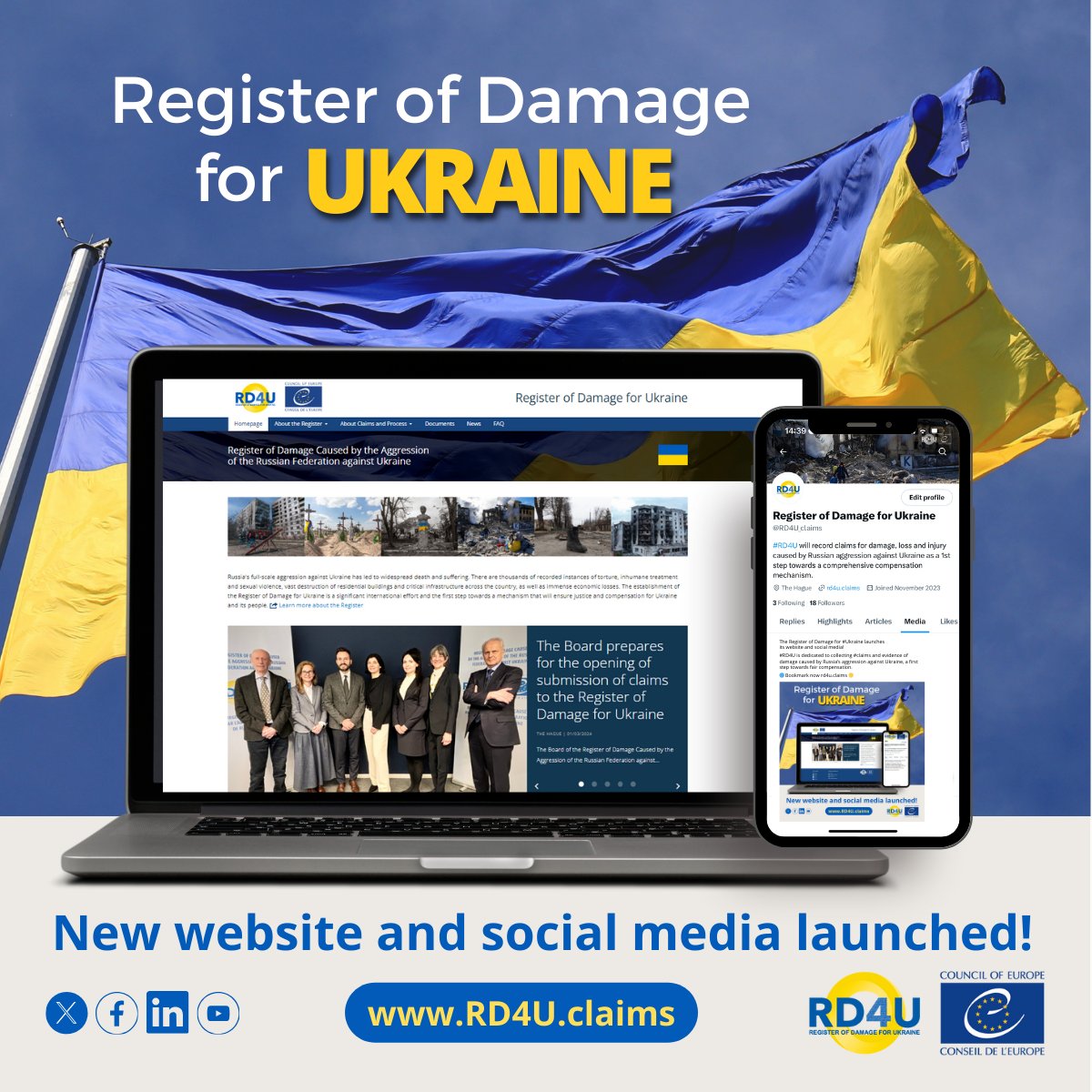 The Register of Damage for #Ukraine launches its website and social media! #RD4U is dedicated to collecting #claims and evidence of damage caused by Russia’s aggression against Ukraine, a first step towards fair compensation. 🔵 Bookmark now rd4u.claims 🟡