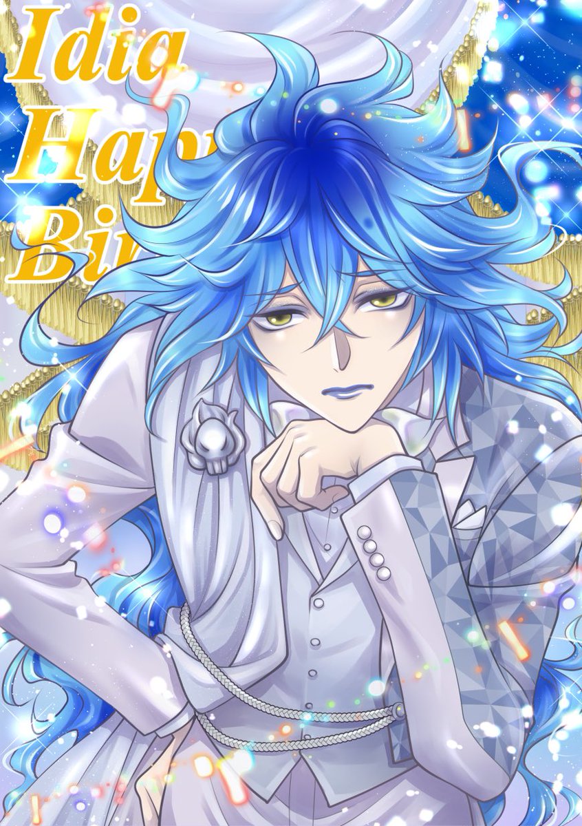 long hair male focus 1boy blue hair solo fiery hair yellow eyes  illustration images