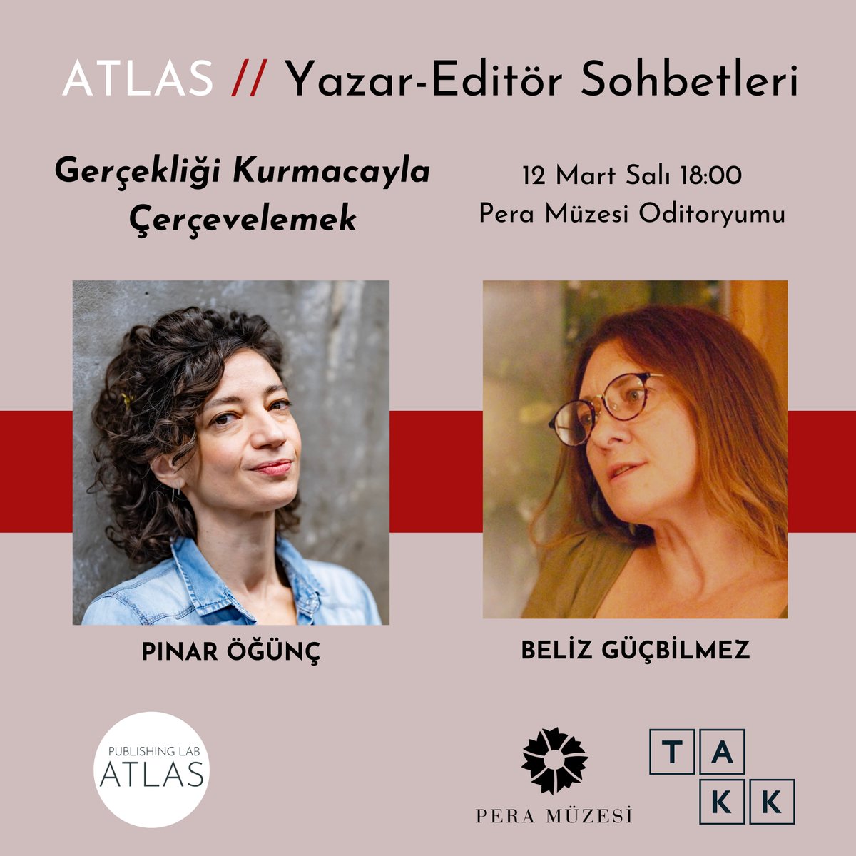 Atlas Publishing Lab. (@atlasplab) on Twitter photo Atlas Publishing Lab'in Pera Müzesi'nin işbirliğiyle gerçekleştirdiği Yazar-Editör Sohbetleri bu sefer iki yazarı konuk ediyor: Pınar Öğünç ve Beliz Güçbilmez.
Hepinizi bekliyoruz!
<a href="/pinarbihter/">Pınar Öğünç</a>
<a href="/BelizGucbilmez/">belizgçblmz atölye ✍🏼</a>
<a href="/PeraMuzesi/">Pera Müzesi</a> Atlas Publishing Lab'in Pera Müzesi'nin işbirliğiyle gerçekleştirdiği Yazar-Editör Sohbetleri bu sefer iki yazarı konuk ediyor: Pınar Öğünç ve Beliz Güçbilmez.
Hepinizi bekliyoruz!
<a href="/pinarbihter/">Pınar Öğünç</a>
<a href="/BelizGucbilmez/">belizgçblmz atölye ✍🏼</a>
<a href="/PeraMuzesi/">Pera Müzesi</a>