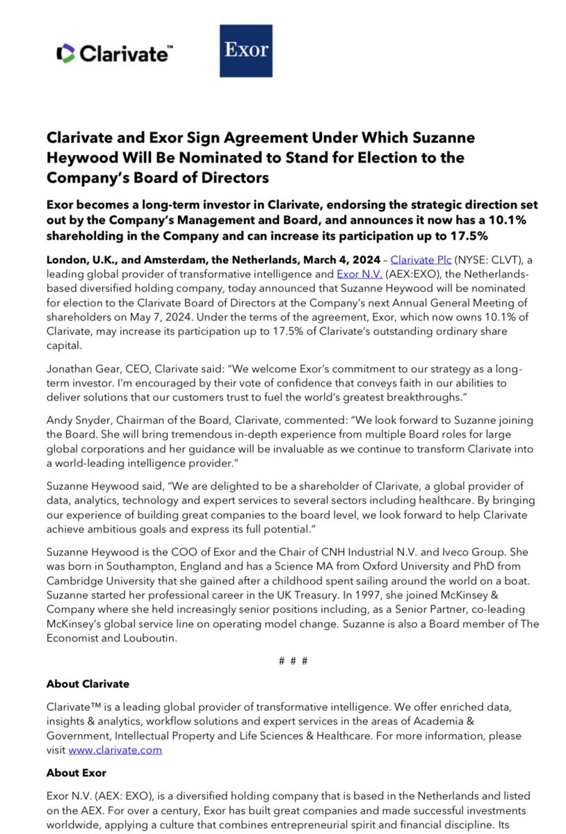 #Exor is making another step into Tech and Healthcare sectors taking a 10.1% stake in Clarivate, US-listed company ($4.8B Mkt Cap).