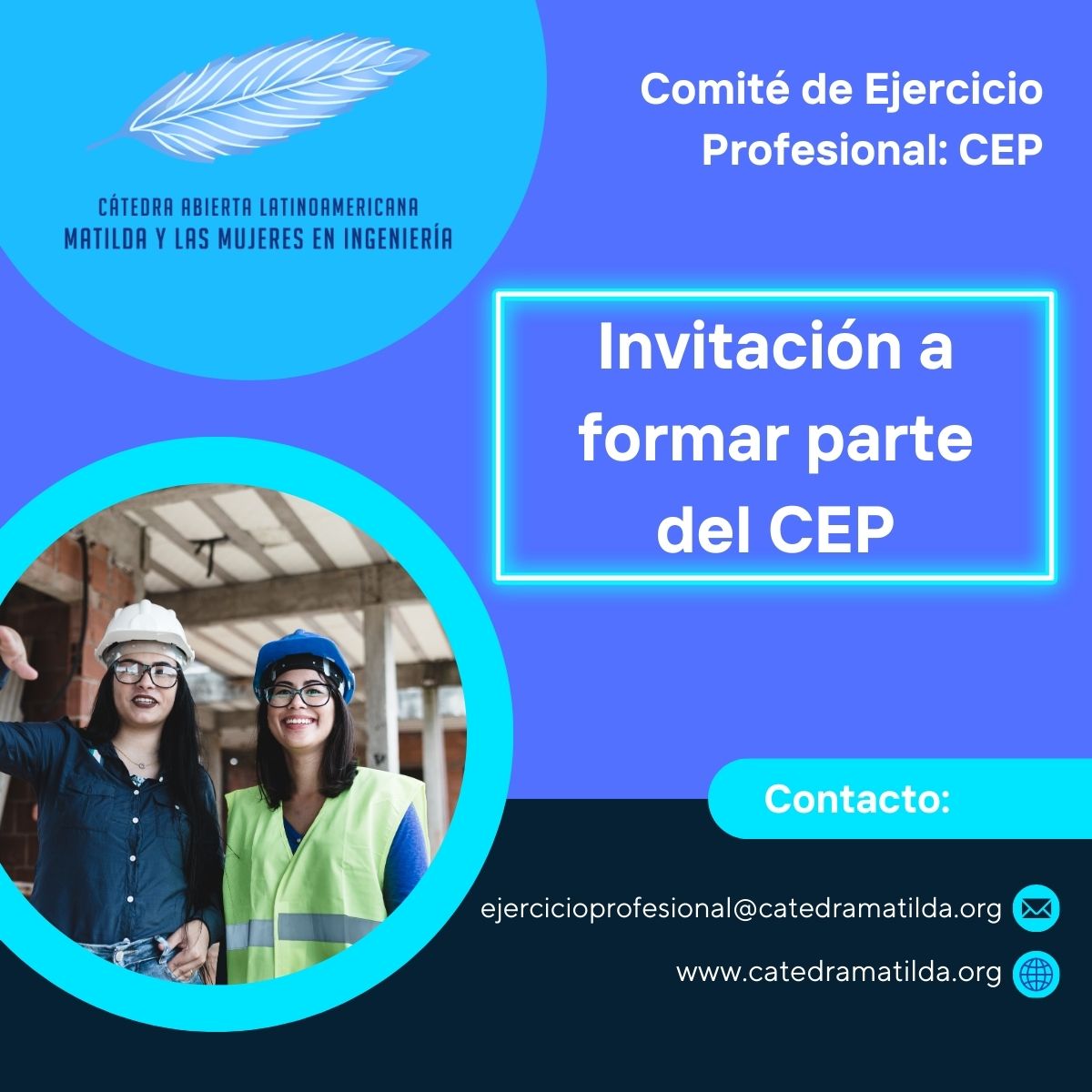 Te invitamos a formar parte del Comité de Ejercicio Profesional de la <a href="/catedramatilda/">@catedramatilda</a> 
Revisa en detalle este enlace.
Si tienes consultas, quieres inscribirte, contacta al CEP.
#matildate #MujeresSTEM #MesMujer #CEP
linkedin.com/posts/cal-mati…