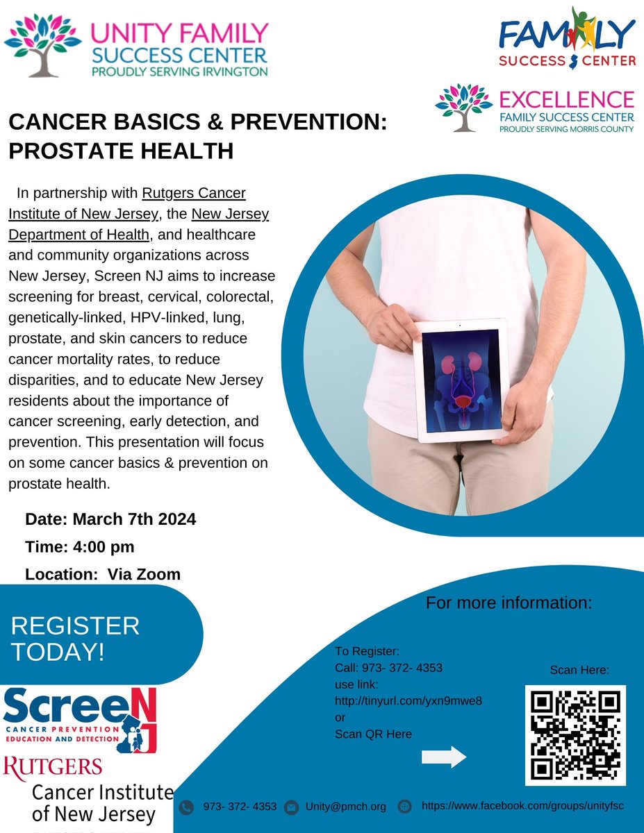 Join us for #Cancer Basics & Prevention: #Prostate Health on 3/7 at 4pm via Zoom! Learn about #screening, early detection and #prevention. Register by calling 973-372-4353 or tinyurl.com/yxn9mwe8