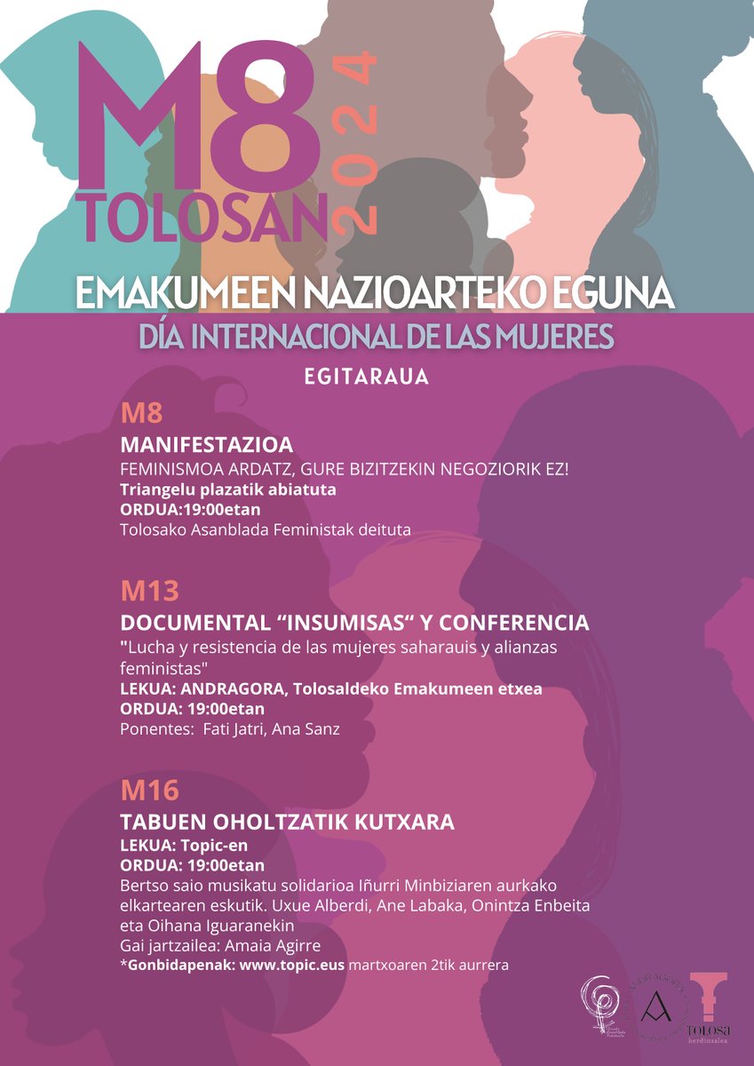 ℹ️[ES] Al hilo del Día Internacional de las Mujeres se han organizado 3 actos centrados en el feminismo: una manifestación el 8M, una proyección del documental 'Insumisas', sobre la resiliencia saharaui, y una actuación que une bertsos y música. ▶ labur.eus/oMs6A